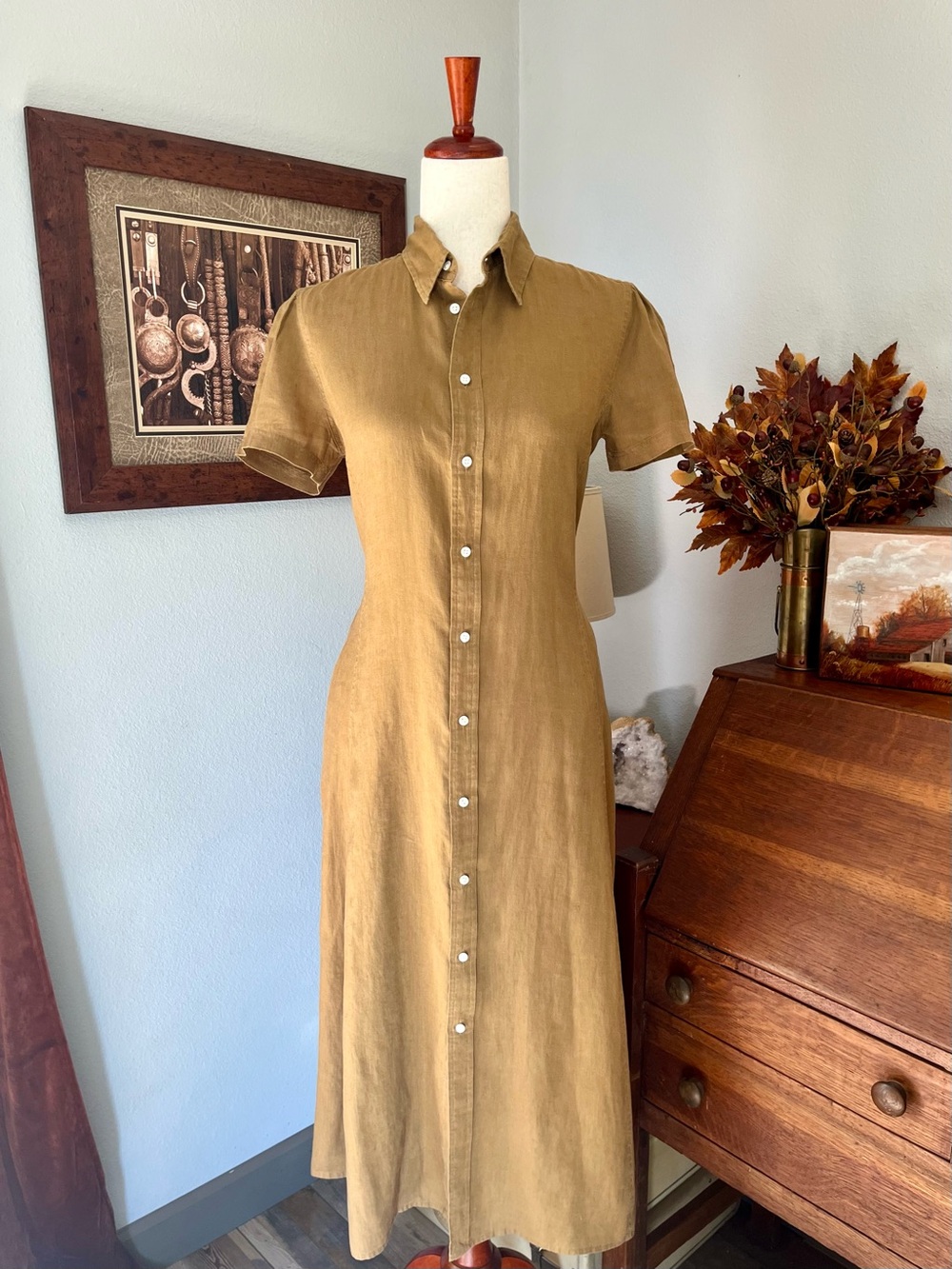 Polo Ralph Lauren Western 100% Linen Dress Puff sleeve Cafe Brown MOP Buttons